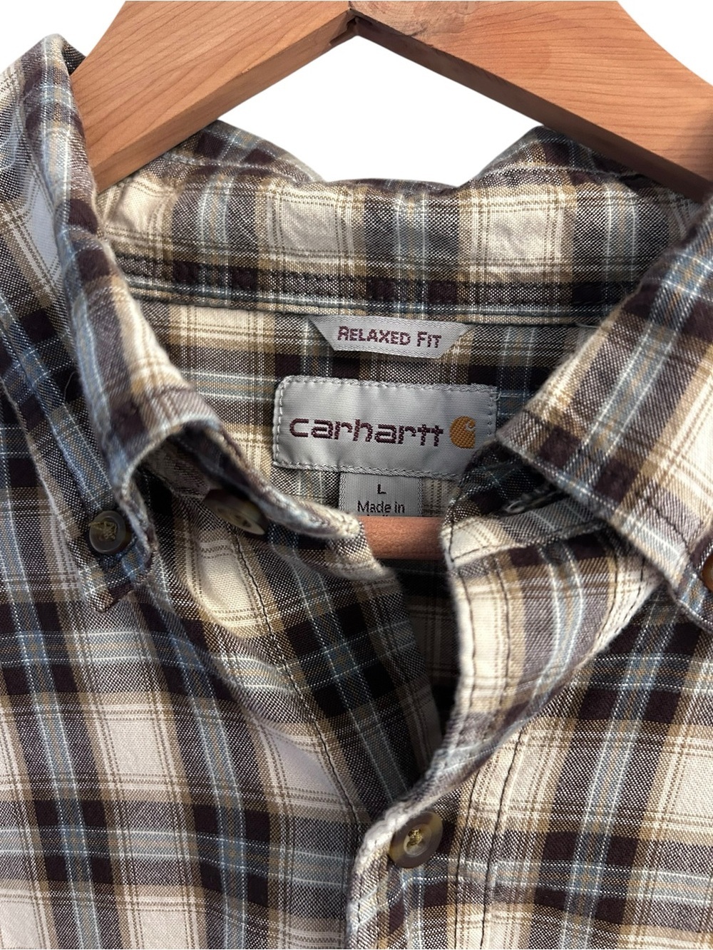 Carhartt Men's Brown and Cream Plaid Button-Down Long Sleeve Shirt